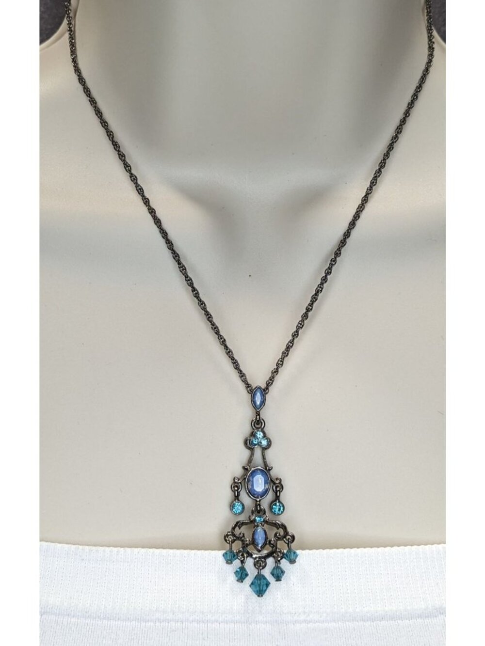 1928 Blue Chandelier Pendant Necklace Gunmetal Victorian Revival Fantasy Jewelry